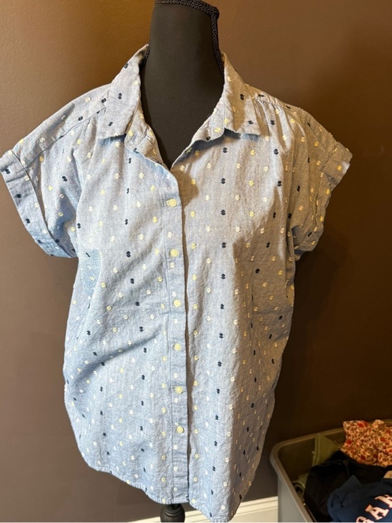LOFT Tops - LOFT Light Blue Button-Down Shirt with Navy and Yellow Dot Print